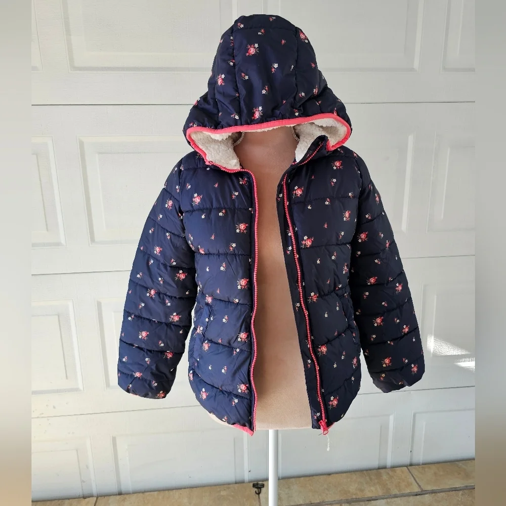 GAP Kids XL Floral Puffer Jacket Hooded Sherpa Lined Winter Coat Cottagecore - Picture 3 of 9